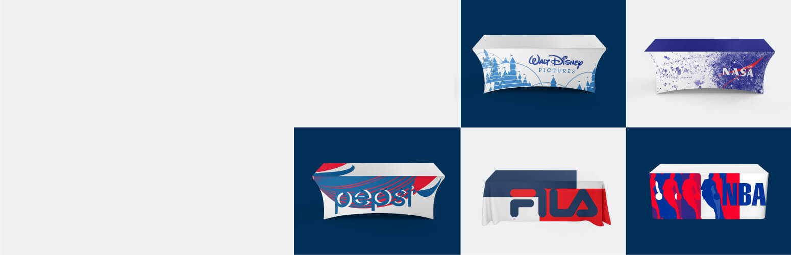 Five tables with custom tablecloths featuring NASA, Fila, Pepsi, Disney, and NBA logos and branding..