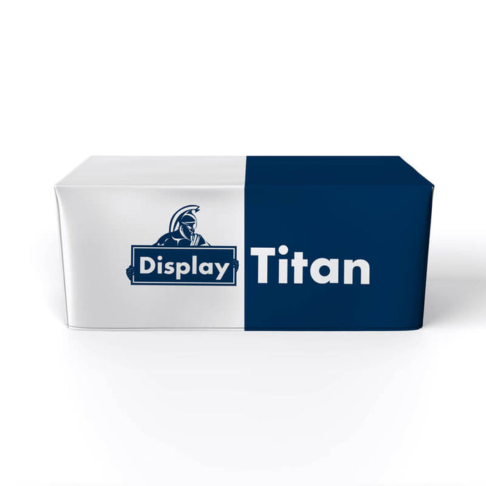 A table covered with a custom fitted table cover featuring the DisplayTitan branding.