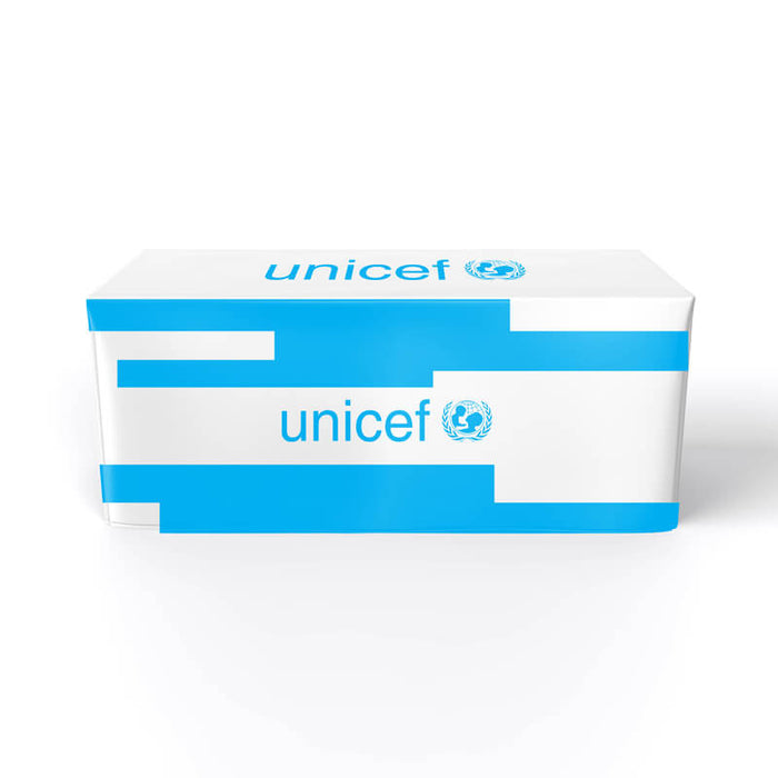 A rectangular table covered with a custom fitted table cover with unicef branding.