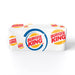 A rectangular table covered with a custom fitted table cover featuring Burger King branding.