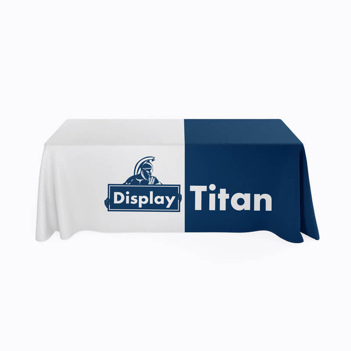 Table covered with a custom-made table throw featuring the DisplayTitan branding. 