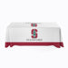 A table covered in a personalized table throw with the Stanford logo and branding.