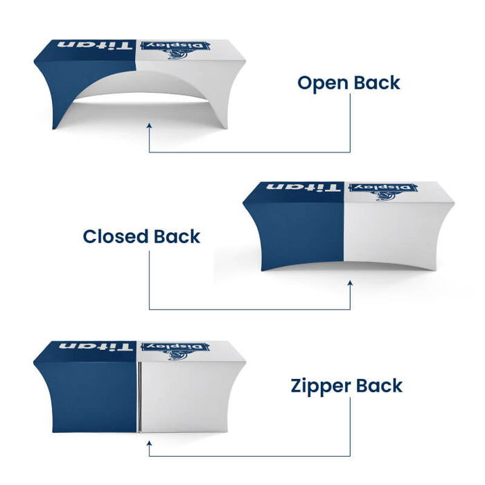 Three tables with stretch tablecloths demonstrating open, closed, and zipper back options.