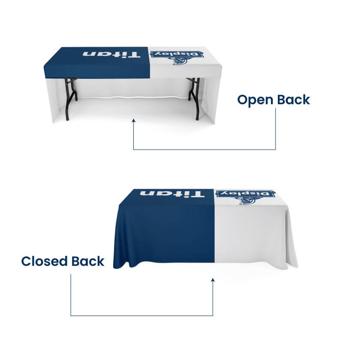 Two tables with table covers demonstrating open and closed back options.