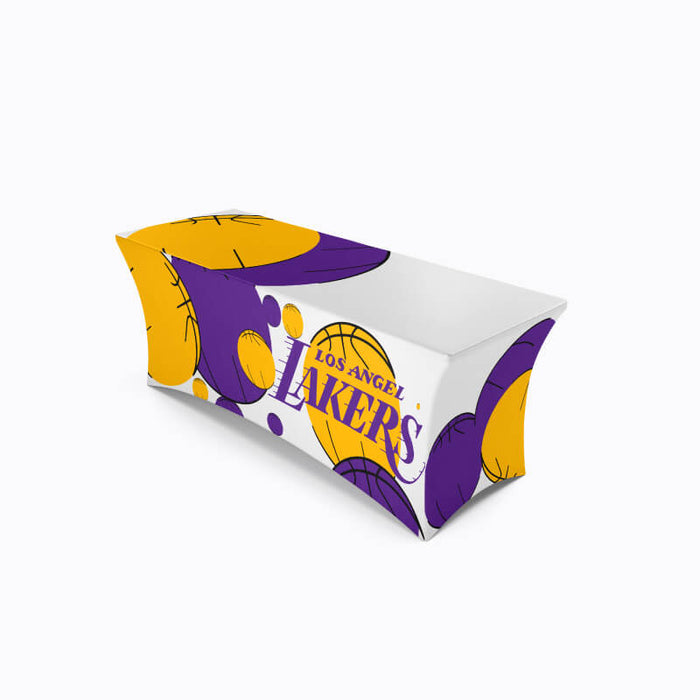 Custom stretch tablecloth featuring Lakers branding covering a table, as viewed from an angle.