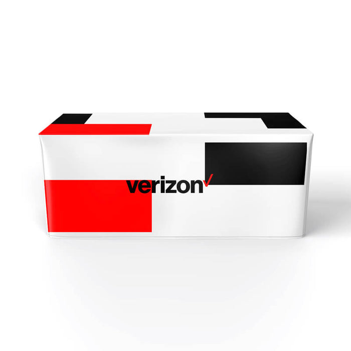 A rectangular table covered with a custom fitted table cover featuring Verizon branding.